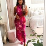 Sleeveless High Neck Pink Printed Maxi Dress – Silky Elegant Evening Party Cocktail Dress For Women（No stock available, orders welcome）