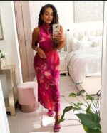 Sleeveless High Neck Pink Printed Maxi Dress – Silky Elegant Evening Party Cocktail Dress For Women（No stock available, orders welcome）
