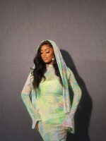 European And American Style Printed Mesh Women's Dress Waist Cinched Slim Fit Bodycon Dress High Neck Fashion Long Sleeve Elegant Long Dress - Image 4