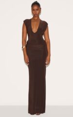 Autumn/Winter New Sexy Party & Birthday Party & Evening Party & Banquet & Date & Elegant & Bachelorette Party & Graduation Season & Wedding Season & Gathering & Valentine's Day Sexy Fitted  Sleeveless Deep V-Neck Ruched Waist Shiny Stretchy Knit Maxi Dress - Image 4