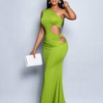 Women'S Sexy Solid One Shoulder Cut Out Waist Hollow Out Metal Decorated Bodycon Dress