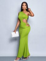 Women'S Sexy Solid One Shoulder Cut Out Waist Hollow Out Metal Decorated Bodycon Dress