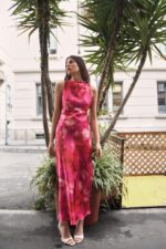 Sleeveless High Neck Pink Printed Maxi Dress – Silky Elegant Evening Party Cocktail Dress For Women（No stock available, orders welcome） - Image 2
