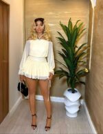 French Gentle Halter Off-Shoulder Sheer Long-Sleeve Multi-Layer Tulle Mini Skirt, Sweet-Spicy Temperament Short Skirt