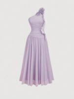 Elegant Asymmetric Neckline Gown with 3D Floral Embellishments | Formal Event Maxi Dress - Image 2