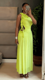 Elegant Asymmetric Neckline Gown with 3D Floral Embellishments | Formal Event Maxi Dress - Image 5