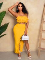 Women's Ruffled Cami Crop Top & Slit Midi Skirt - Sexy 2-Piece Outfit - Image 3