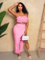 Women's Ruffled Cami Crop Top & Slit Midi Skirt - Sexy 2-Piece Outfit