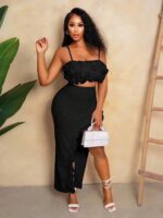 Women's Ruffled Cami Crop Top & Slit Midi Skirt - Sexy 2-Piece Outfit - Image 4