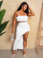 Women's Ruffled Cami Crop Top & Slit Midi Skirt - Sexy 2-Piece Outfit - Image 2
