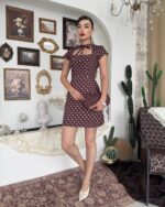 Retro Polka Dot Mini Dress | Tie Neck Cutout Bodycon Short Sleeve Party Dress - Image 3