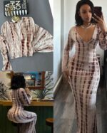 Viral Tie Dye Grid Mermaid Maxi Dress Deep V Long Sleeve Slim Bodycon Vacation Club Dress For Hot Girls - Image 2