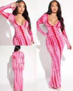 Viral Tie Dye Grid Mermaid Maxi Dress Deep V Long Sleeve Slim Bodycon Vacation Club Dress For Hot Girls - Image 4