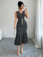 Women Polka Dot Sleeveless V Neck Mermaid Midi Dress Ruched Waist Bodycon Party Dress - Image 2