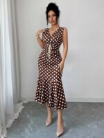 Women Polka Dot Sleeveless V Neck Mermaid Midi Dress Ruched Waist Bodycon Party Dress - Image 3