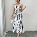 Women Polka Dot Sleeveless V Neck Mermaid Midi Dress Ruched Waist Bodycon Party Dress