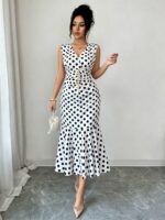 Women Polka Dot Sleeveless V Neck Mermaid Midi Dress Ruched Waist Bodycon Party Dress