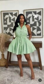 Striped Halter Sleeveless Shirt Dress Drawstring Waist Mini Dress with Pockets Casual Summer Dress - Image 4