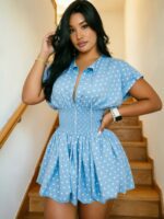 French Polka Dot V-Neck Half Placket Waist Mini Dress, Loose Short Sleeve Slim Casual Vacation Dress - Image 2