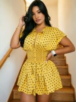 French Polka Dot V-Neck Half Placket Waist Mini Dress, Loose Short Sleeve Slim Casual Vacation Dress - Image 4