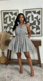 Striped Halter Sleeveless Shirt Dress Drawstring Waist Mini Dress with Pockets Casual Summer Dress - Image 2