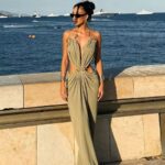 Luxury Halter Cutout Metal Trim Gown, Draped Ruched Floor‑Length Vacation Maxi Dress