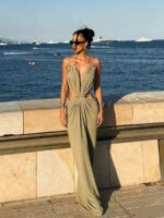 Luxury Halter Cutout Metal Trim Gown, Draped Ruched Floor‑Length Vacation Maxi Dress