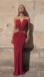 Luxury Halter Cutout Metal Trim Gown, Draped Ruched Floor‑Length Vacation Maxi Dress - Image 3