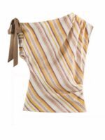 Elegant Striped Slub Linen Two Piece Matching Set One Shoulder Cold Shoulder Ruched Waist Top Wide Leg Pants Casual Summer Holiday Outfit For Women - Image 6