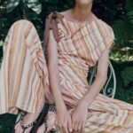 Elegant Striped Slub Linen Two Piece Matching Set One Shoulder Cold Shoulder Ruched Waist Top Wide Leg Pants Casual Summer Holiday Outfit For Women