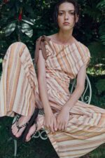 Elegant Striped Slub Linen Two Piece Matching Set One Shoulder Cold Shoulder Ruched Waist Top Wide Leg Pants Casual Summer Holiday Outfit For Women
