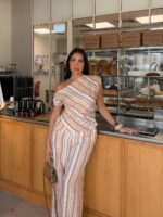 Elegant Striped Slub Linen Two Piece Matching Set One Shoulder Cold Shoulder Ruched Waist Top Wide Leg Pants Casual Summer Holiday Outfit For Women - Image 2
