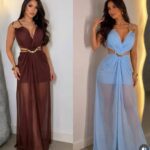 Spaghetti Strap Deep V Neck Mesh Maxi Dress Cutout Waist With Gold Metal Decor Sheer Evening Party Dress For Women