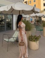Elegant Striped Slub Linen Two Piece Matching Set One Shoulder Cold Shoulder Ruched Waist Top Wide Leg Pants Casual Summer Holiday Outfit For Women - Image 3