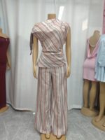 Elegant Striped Slub Linen Two Piece Matching Set One Shoulder Cold Shoulder Ruched Waist Top Wide Leg Pants Casual Summer Holiday Outfit For Women - Image 4