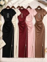 Short Sleeve Bodycon Maxi Dress Pearl Embellished Front Pattern Ruched Waist Side Zipper Slit Long Dress - Image 2