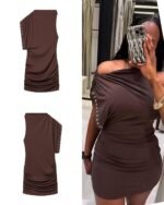 Solid Irregular Mini Dress Women Fashion Half High Neck Pleated One Shoulder Slim Dresses Summer Lady Daily Street Dress - Image 2