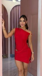 Knitted Metal Decorative Shoulder Strap Dress, One-Shoulder Mini Dress, Women's Outfit for Going Out and Dating, Nightlife Attire, One-Shoulder Design Dress, Short Dress, Fitted Dress, Vacation Wear - Image 2