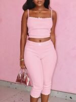 Women Summer Ribbed Lace Patchwork Bow Crop Camisole And Pants Two Pieces Set Skinny Sexy Matching Outfits