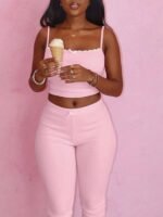 Women Summer Ribbed Lace Patchwork Bow Crop Camisole And Pants Two Pieces Set Skinny Sexy Matching Outfits - Image 3