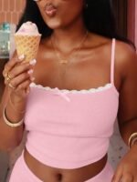 Women Summer Ribbed Lace Patchwork Bow Crop Camisole And Pants Two Pieces Set Skinny Sexy Matching Outfits - Image 4