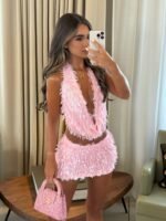 Women's Two-Piece Set, Autumn Fashion, Sequined Halter Deep V Backless New Split Outfit