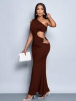 Women'S Sexy Solid One Shoulder Cut Out Waist Hollow Out Metal Decorated Bodycon Dress - Image 4