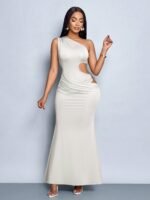 Women'S Sexy Solid One Shoulder Cut Out Waist Hollow Out Metal Decorated Bodycon Dress - Image 5