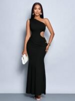 Women'S Sexy Solid One Shoulder Cut Out Waist Hollow Out Metal Decorated Bodycon Dress - Image 3