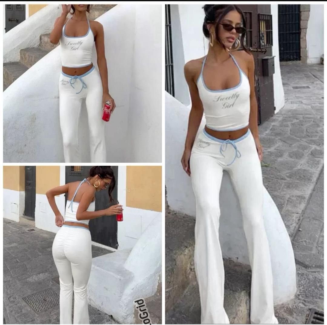 微信图片_20250714234431 Contrast Binding Knot Front Crop Tee & Flare Leg Pants - Image 1