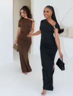 Women's Black Metal Decor Asymmetric Neck Bodycon Dress