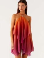 Halter Neck Gradient Mini Dress Women Backless Tiered Flowy Chiffon Sundress for Beach Vacation Daily Wear - Image 2