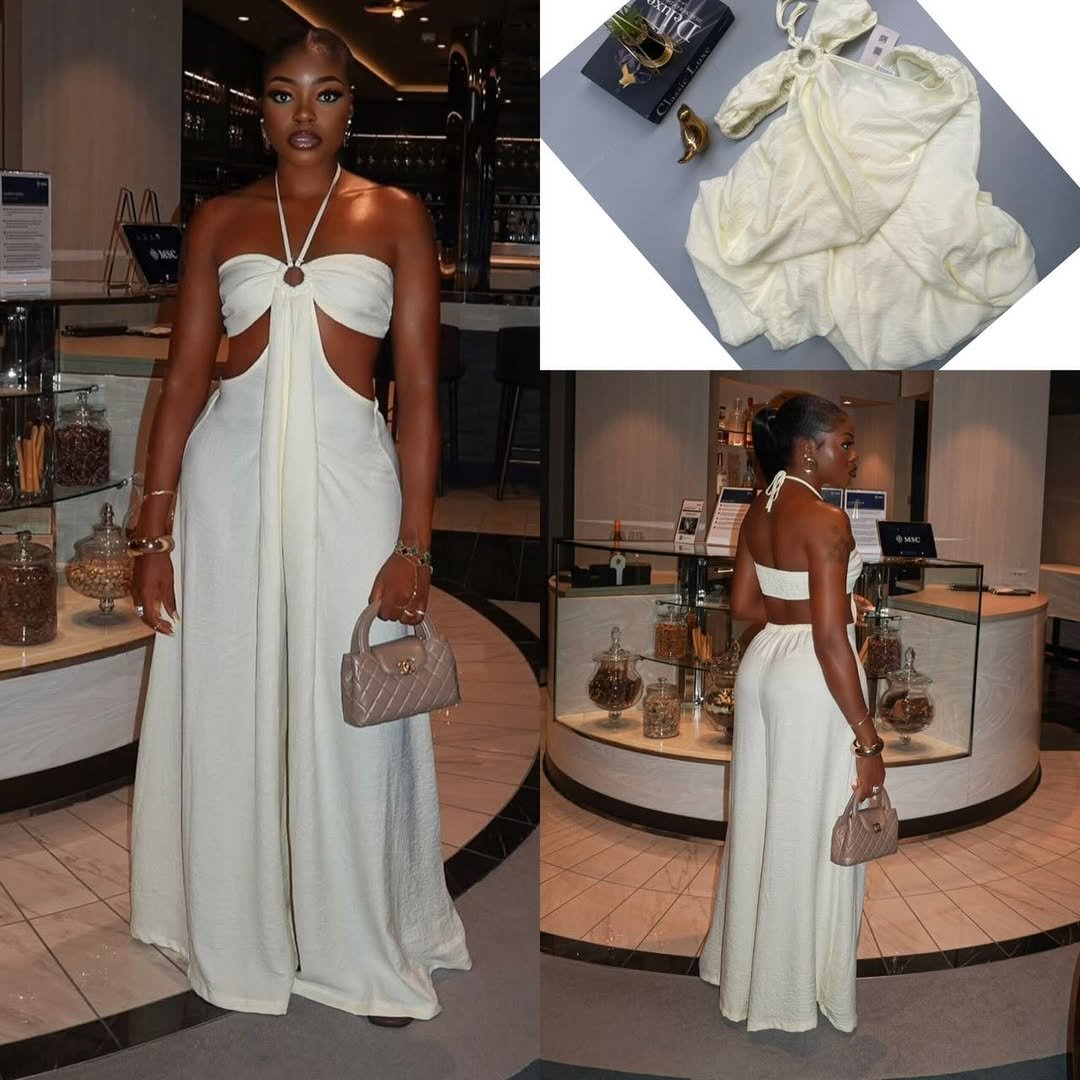 INS_azila.closet_565631201_3790370431950421490_1 Elegant White Halter Cutout Jumpsuit - Flowy Wide Leg & Backless Design for Date Night & Formal Events - Image 1