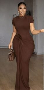 Bodycon Maxi Dress, High Stretch Jersey with Waist Flower Detail, Perfect for Formal Parties & Events - Image 3